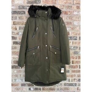 GUESS Women's Faux Fur Trim Hooded Parka Winter Coat Sage Size S NWT